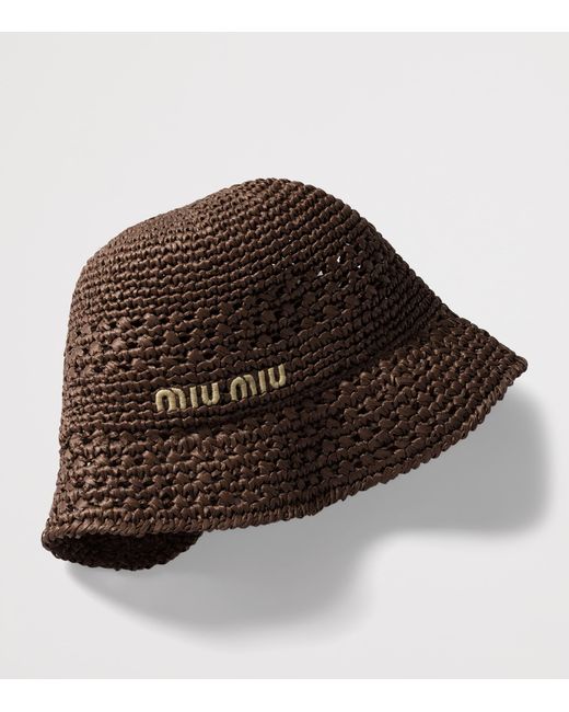 Miu Miu Brown Raffia Logo Bucket Hat