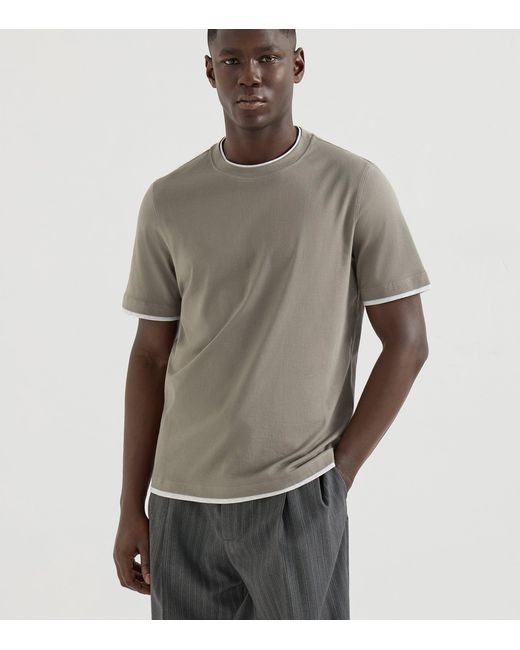 Brunello Cucinelli Gray Cotton Faux-Layered T-Shirt for men