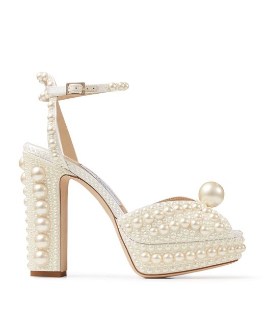 Jimmy Choo White Sacaria 120 Pearl-Embellished Satin Platform Sandals