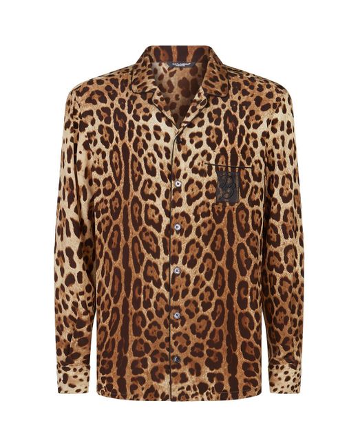 Dolce & Gabbana Brown Leopard Print Silk Pyjama Shirt for men