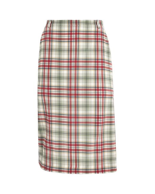 Alessandra Rich White Silk Tartan Midi Pencil Skirt