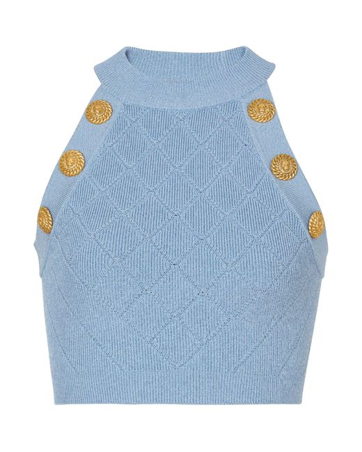 Balmain Blue Knitted Button-detail Tank Top
