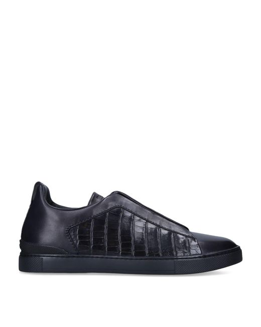 Zegna Blue Crocodile Leather Triple Stitch Sneakers for men