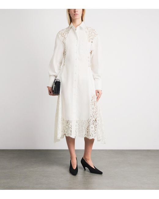 Stella McCartney White Organic Cotton Lace-Panel Midi Shirt Dress