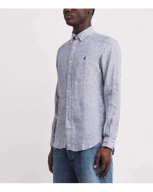 Polo Ralph Lauren Blue Linen Custom-Fit Stripe Shirt for men