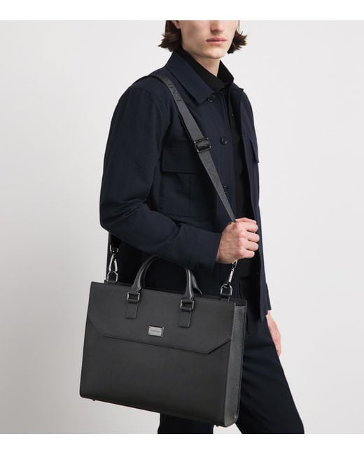 Emporio Armani Black Leather Logo Briefcase for men