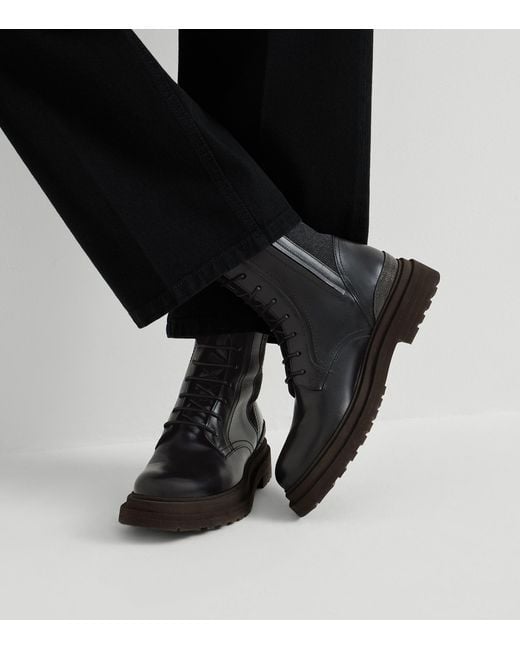 Brunello Cucinelli Black Leather Monili Ankle Boots