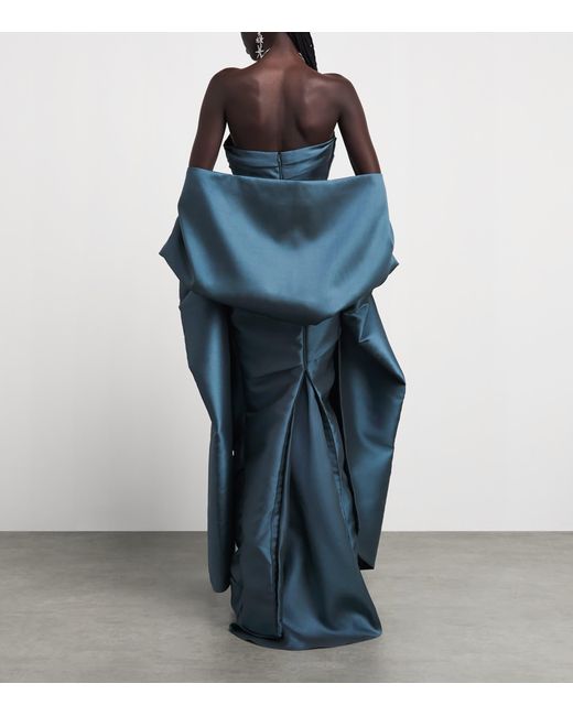 Marmar Halim Blue Satin Cape Column Gown