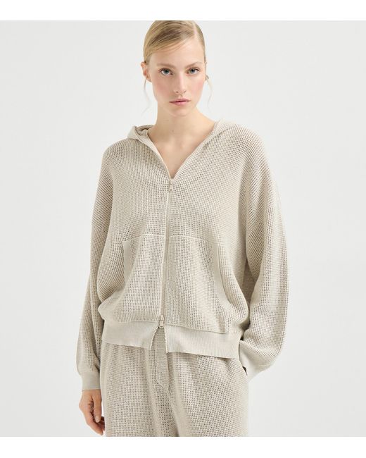 Brunello Cucinelli White Cotton-Blend Knitted Hoodie