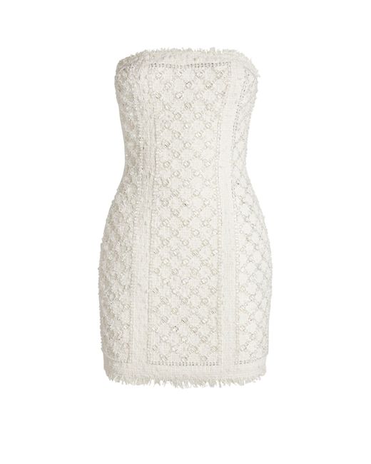 Balmain White Tweed Strapless Mini Dress
