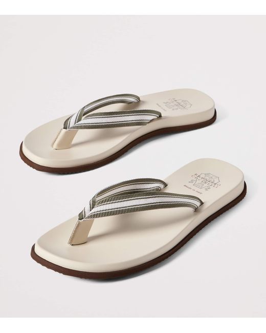 Brunello Cucinelli White Leather Logo Flip Flops for men