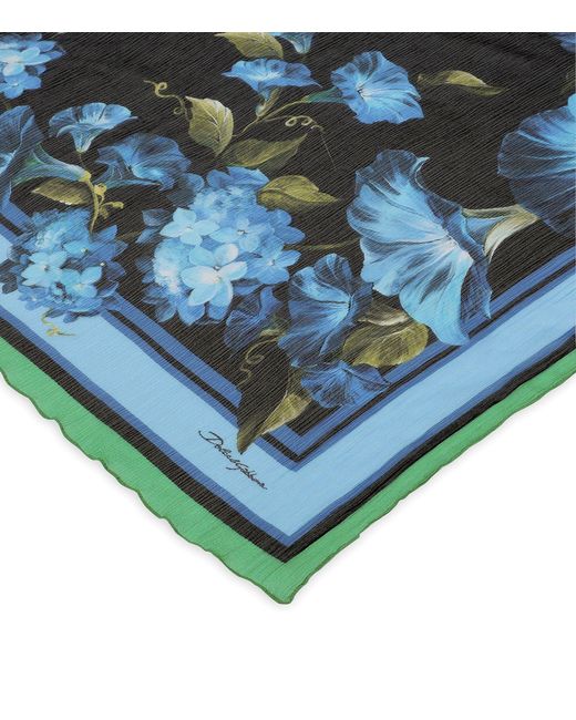 Dolce & Gabbana Blue Silk Crepon Foulard Floral Print Scarf