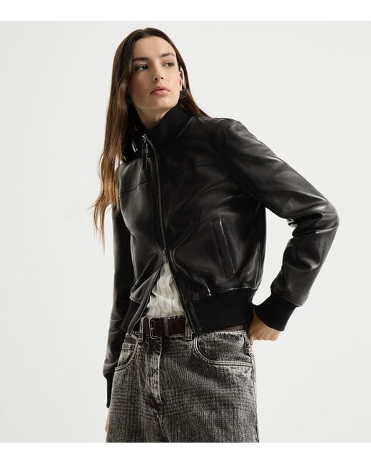 Brunello Cucinelli Black Nappa Leather Bomber Jacket