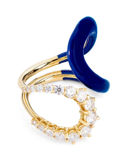 Melissa Kaye Blue Yellow Gold, Diamond And Enamel Aria Ring