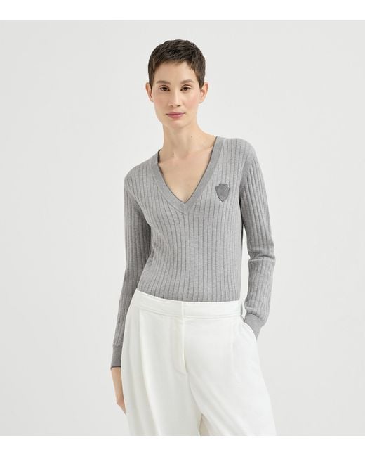 Brunello Cucinelli Gray Cotton Ribbed V-Neck Sweater