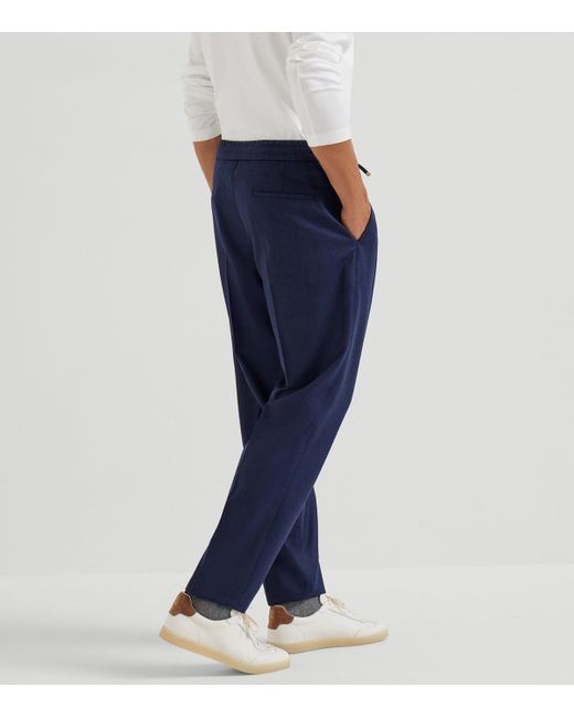 Brunello Cucinelli Blue Virgin Wool Drawstring Leisure Trousers for men