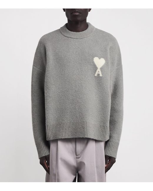 AMI Gray Alpaca-Blend Crew-Neck Sweater for men