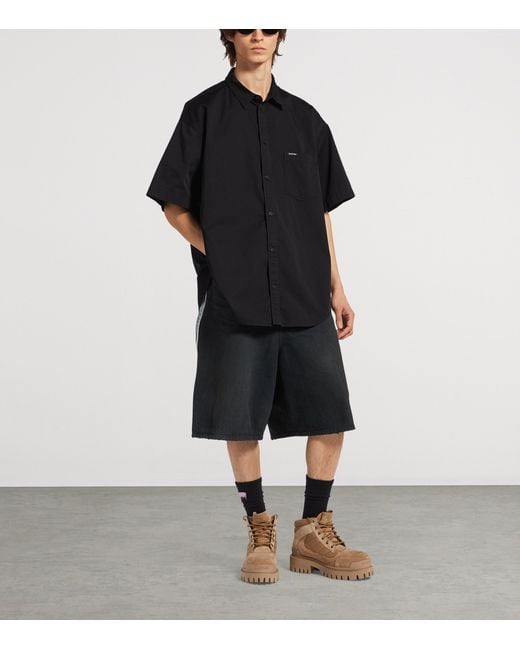 Balenciaga Black Cotton Workwear Short-Sleeve Shirt for men