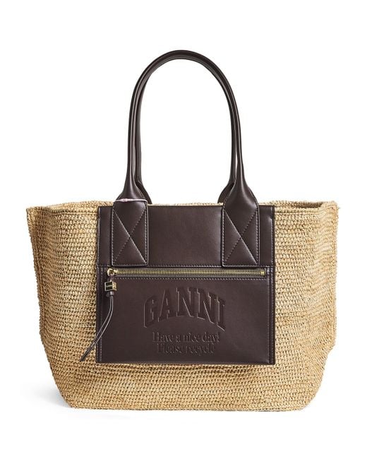 Ganni Brown Medium Raffia-Leather Tote Bag