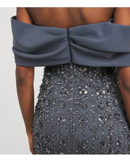 Pamella Roland Blue Embellished Off-The-Shoulder Gown