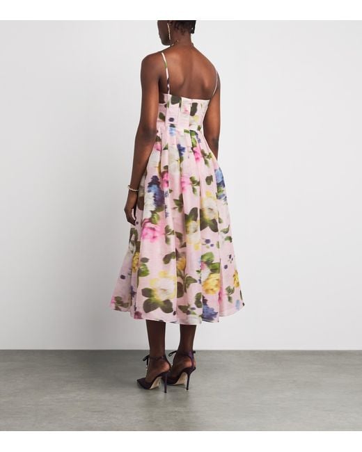 Carolina Herrera White Linen-Silk Floral Midi Dress