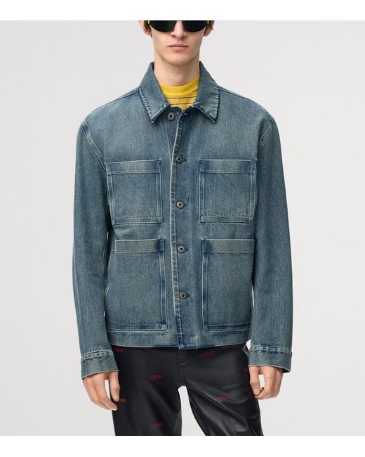 Loewe Blue Leather-Patch Denim Jacket for men