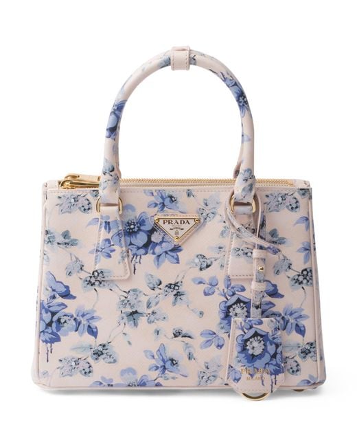 Prada Blue Small Leather Floral Galleria Top-handle Bag