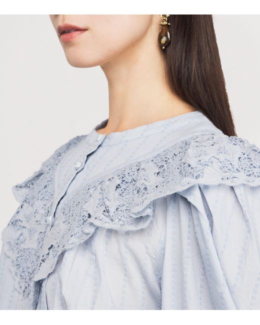 Ulla Johnson Blue Cotton Lace-Trim Esther Blouse