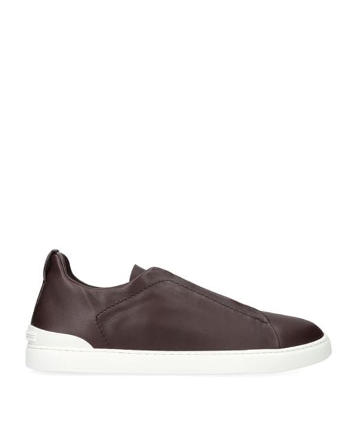 Zegna Brown Leather Triple Stitch Sneakers for men