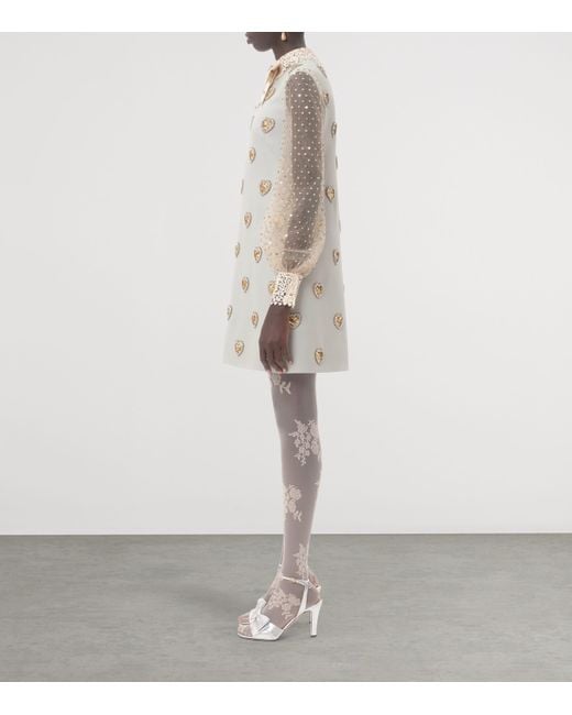 Valentino White Wool-Silk Embroidered Mini Dress