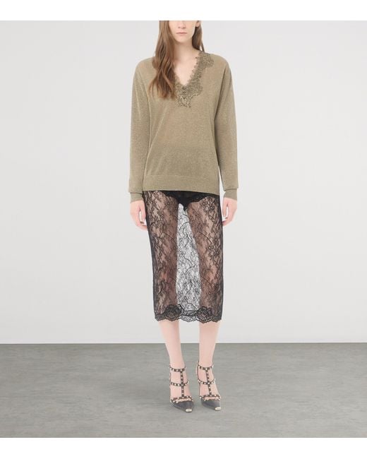 Valentino Natural Lace-Trim V-Neck Sweater