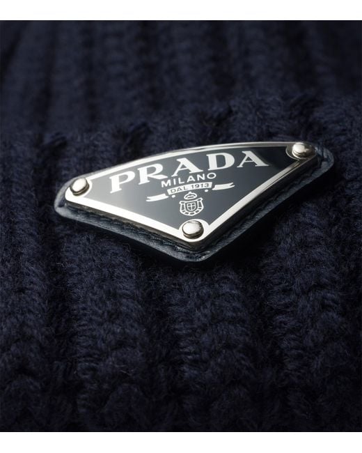 Prada Blue Wool Logo Beanie for men
