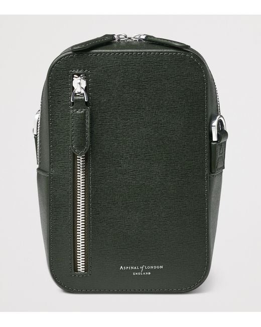 Aspinal Green Leather Reporter North South Cross-Body Bag for men