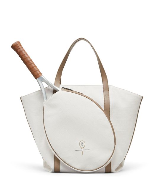 Brunello Cucinelli White Canvas-leather Tennis Racket Tote Bag