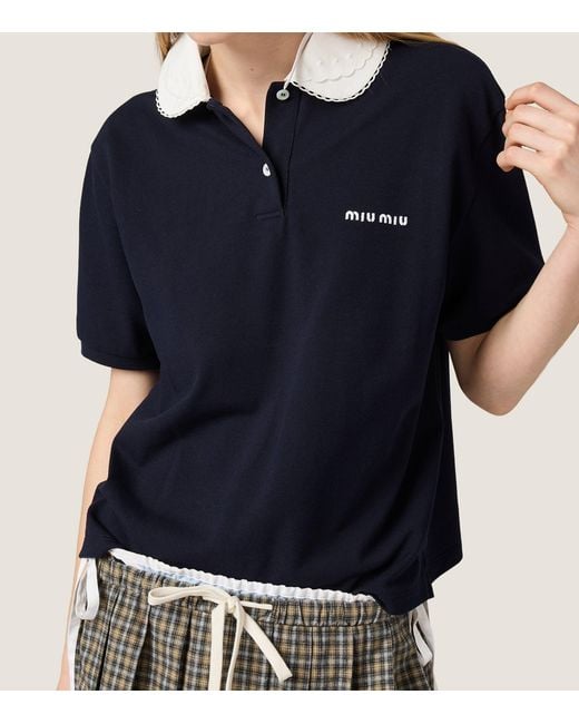 Miu Miu Blue Cotton Embroidered Polo Shirt