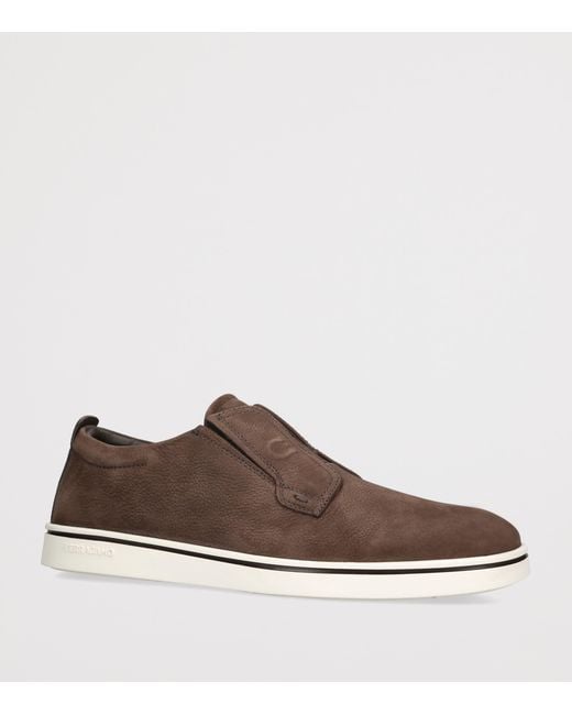 Ferragamo Brown Nubuck Leather Alfie Slip-On Sneakers for men