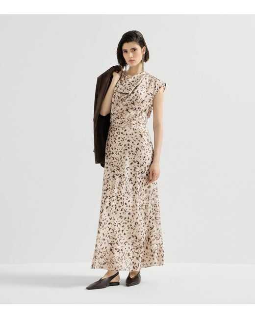Brunello Cucinelli Natural Silk Pongee Lynx Print Maxi Dress