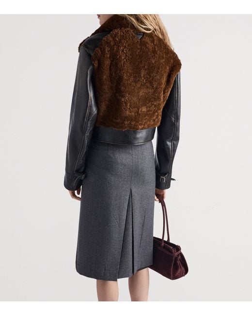 Prada Brown Belted Shearling-Trimmed Leather Jacket