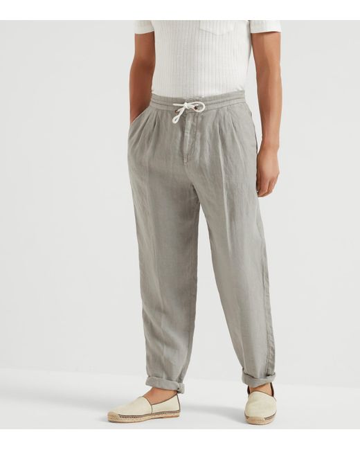 Brunello Cucinelli Gray Linen Drawstring Leisure Trousers for men