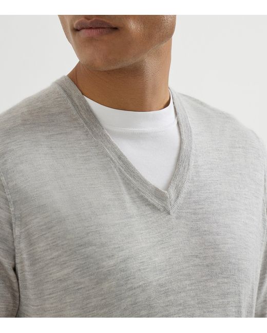 Brunello Cucinelli Gray Cashmere-Silk V-Neck Sweater for men