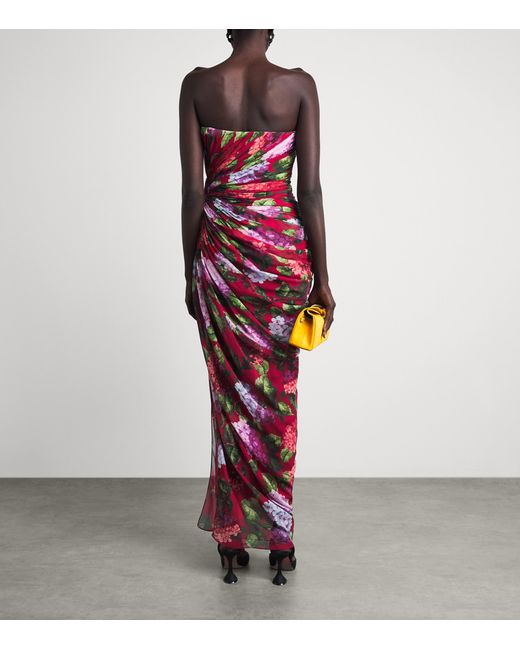 Carolina Herrera Red Silk Floral Draped Midi Dress