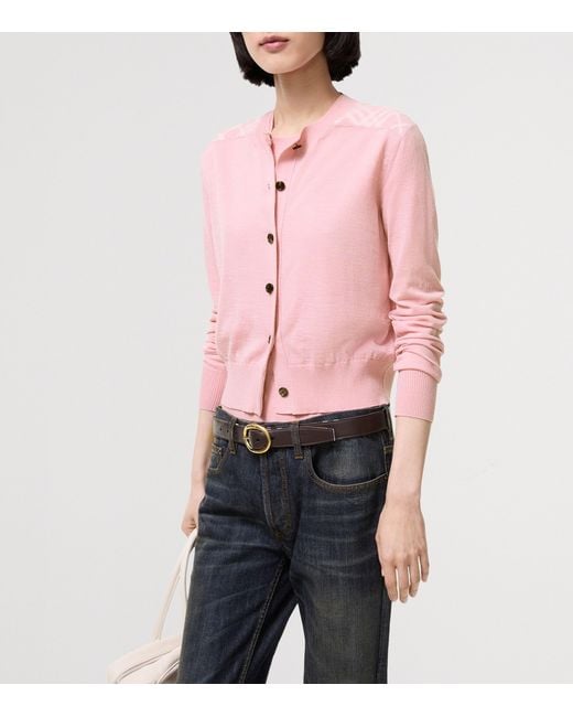 Burberry Pink Wool-Silk Check Panel Cardigan