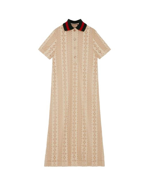 Gucci Natural Striped-collar Semi-sheer Cotton-blend Midi Dress