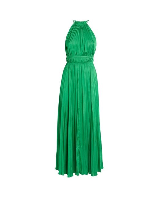 maje green maxi dress Satin Pleated in Game