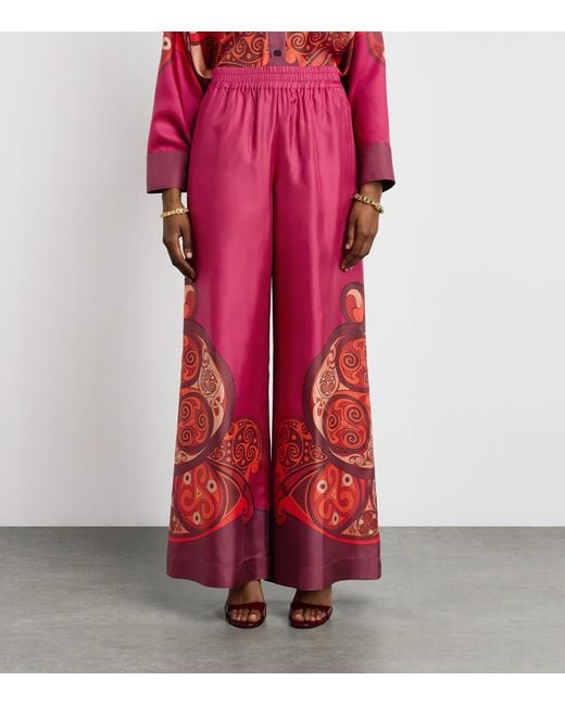 LaDoubleJ Red Silk Palazzo Placée Wide-Leg Trousers