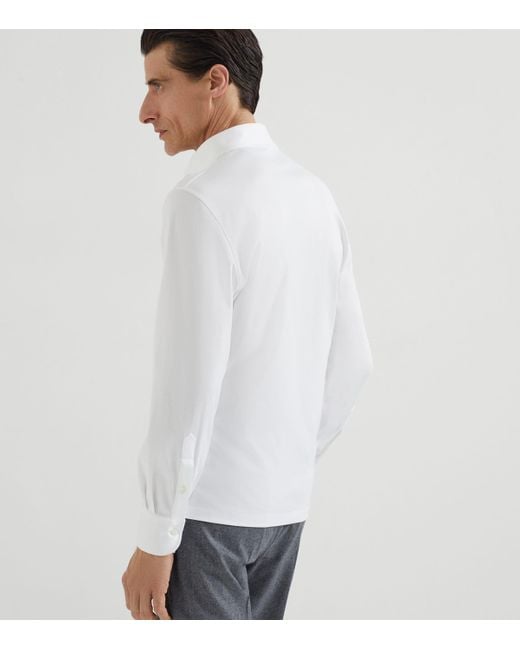 Brunello Cucinelli White Cotton Long-Sleeve Polo Shirt for men