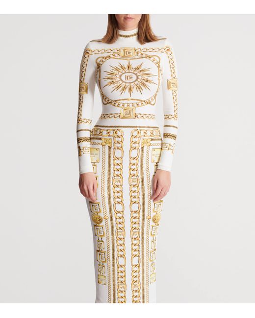 Balmain Metallic Jersey Chain Print Maxi Dress