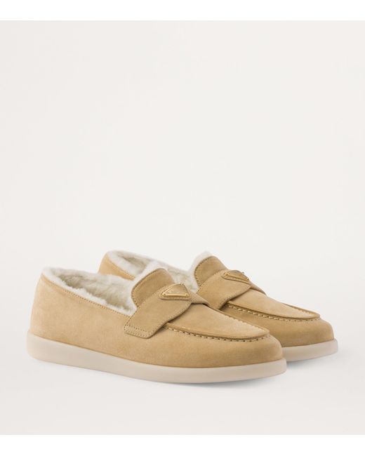 Prada Natural Suede-Shearling Triangle Loafers