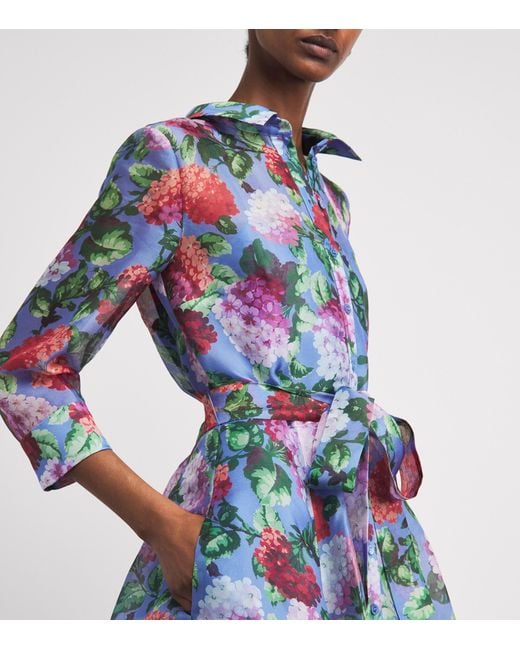 Carolina Herrera Blue Silk Floral Maxi Shirt Dress