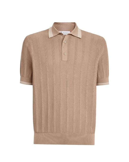 Brunello Cucinelli Natural Cotton Rib-Knit Polo Shirt for men